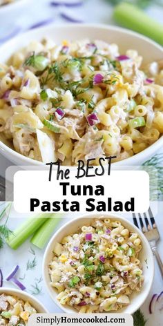 the best tuna pasta salad in a white bowl