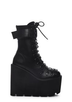 Free, fast shipping on Traitor Boots at Dolls Kill, an online boutique for punk and streetwear fashion. Shop our exclusive collection of Current Mood clothing, shoes, and accessories here. Platform Boots Outfit, Current Mood Clothing, Leather Platform Boots, Goth Boots, Goth Shoes, Ellie Shoes, Ankle Rain Boots, Matte Black Hardware, Black Platform Boots