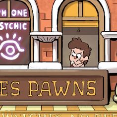 an animated image of a man standing in front of a pawns pawn's shop