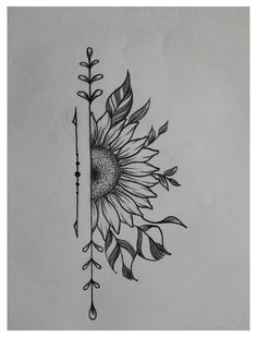 a drawing of a sunflower with an arrow on it's side and some leaves