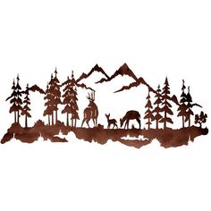 deer in the woods with mountains and trees behind them on a white background, hand drawn illustration