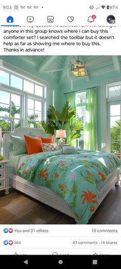 a bed room with a neatly made bed and lots of green plants on the windows