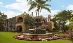 a fountain in the middle of a lush green yard with palm trees and flowers around it