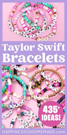 Learn how to make Taylor Swift Friendship Bracelets for the Eras Tour + get over 435 (!!!) Taylor Swift bracelet ideas to get you started! Ideas For Taylor Swift Bracelets, How To Make Clay Bracelets Diy, Glass Bead Friendship Bracelet, How To Make A Taylor Swift Bracelet, Eras Tour Friendship Bracelets Diy, Swiftly Bracelet Ideas, Friendship Bracelet Tips, Words To Put On Clay Bead Bracelets, Diy Taylor Swift Bracelet