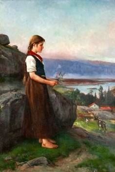 a painting of a girl standing on top of a hill