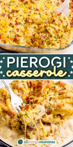 close up image of Pierogi Casserole served in a large glass casserole dish Ground Beef Perogie, Taco Perogies, Hamburger And Perogies Recipes, Dinner Recipes With Perogies, Pillsbury Pierogi Casserole, Sausage And Pierogies Casserole, Bacon Perogie Casserole, Perogie And Ground Beef Casserole, Cheesy Pierogi Casserole