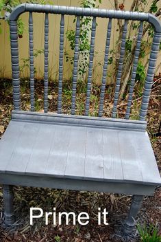 a wooden bench with the words prime it painted on it