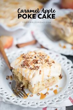 a piece of caramel apple poke cake on a white plate with a fork in it