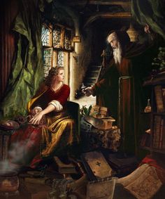 a painting of an old man and woman sitting in a room with books on the floor