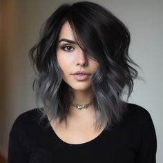 Black And Grey Short Hair, Grey Hair Balayage Dark Roots, Dark Hair With Grey Balayage, Brown To Silver Hair, Dark Bob With Highlights, Dark Hair With Color, Grey Roots Blending Dark Hair, Black And Gray Hair, Bob 2024