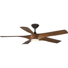 a ceiling fan that has wooden blades on it