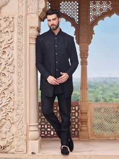 Shop this dashing black terry rayon indowestern attire for Indian reception events. The set inflated with a embroidery work. The ensemble comes with a bottom for a coordinated look. Indian Reception, Embroidery Work, Wedding Men