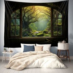 an image of a bedroom scene with sunlight coming in through the window and trees outside