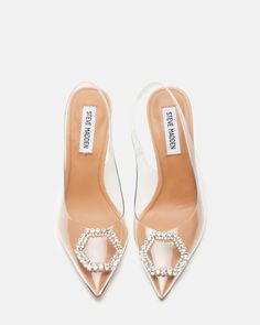 BEIGNET Clear Slingback Embellished Heel | Women's Heels – Steve Madden Clear Pumps, Rhinestone Wedding Shoes, Steve Madden Store, Embellished Heels, Clear Heels, Wedding Heels, Women's Heels, 4 Inch Heels, Beignets