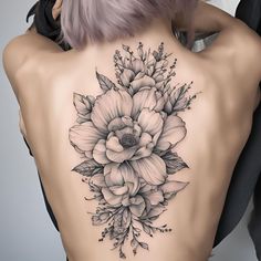 a woman's back tattoo with flowers on it