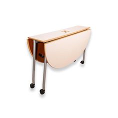 a white desk with wheels and a wooden cabinet on it's side, against a white background