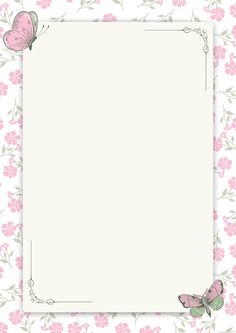 a pink and white flowered background with butterflies on the corner, in front of an empty