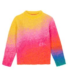 a pink and yellow sweater with the word'd on it in white letters, against a