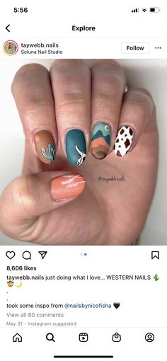 Bull Riding Nails, Southwestern Nail Art, Cute Nails For Fair, Western Manicure Ideas, Bull Skull Nail Art, Cowpoke Nails, Yellowstone Nails Design, Wild West Nails, Highland Cow Nails Designs