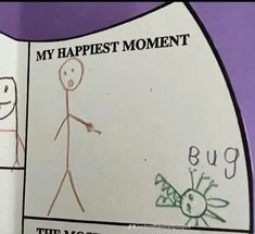 a child's book with the title my happest moment, and an image of a stick figure