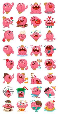 pink cartoon characters with different expressions and emotions on their faces, including one in the middle