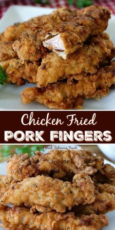 chicken fried pork fingers on a white plate with parsley in the background and text overlay that reads chicken fried pork fingers