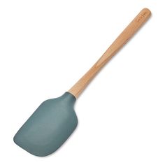 a blue spatula with wooden handle on a white background