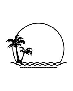 a black and white drawing of two palm trees in the ocean with an oval background