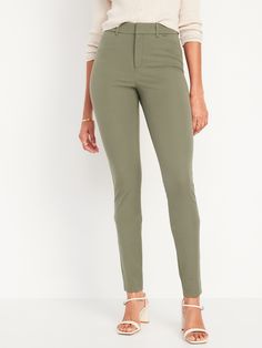 contoured waistband hook-and-bar closure belt loops zip fly front pockets faux-welt back pockets sits at belly button fitted hip and thigh hits below ankle 30" regular inseam 28" petite inseam 34" tall inseam models are approx.  5'9" and wear sizes s (4), l (12), and xl (18)machine wash according to the care instruction label cotton 55% spandex 8% rayon 37% Natural Wardrobe, Makeup Wardrobe, 23 Fashion, Outfit References, Olive Green Pants, Pixie Pants, Pants Green, Aesthetic Fits, Perfect Pant