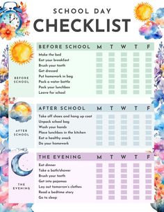 a school day checklist with flowers and sunflowers