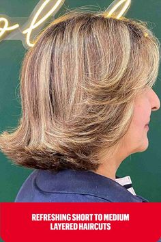 Short to Medium Bronde Bob with Layered Flipped-Up Ends Hairstyles With Flipped Out Ends, Flip Up Hairstyles Medium, Flipped Up Hair, Flipped Up Ends Hair, Short Hair Flipped Out Ends, Blonde Hair Cuts Medium, Flipped Hair, Bronde Bob