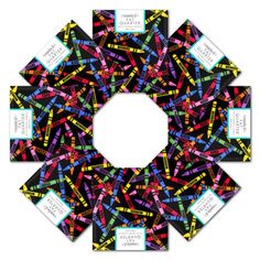 a multicolored pattern with black and white tags