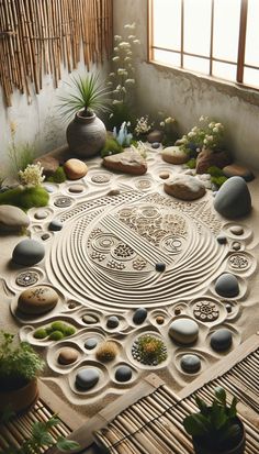 a room filled with lots of different types of rocks and plants on top of a rug