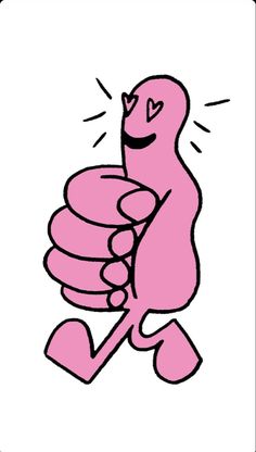 a pink cartoon character holding onto a stick