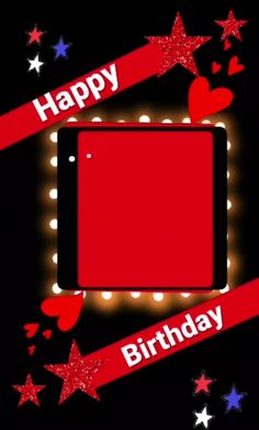 an image of a happy birthday card with red and white stars on the background,