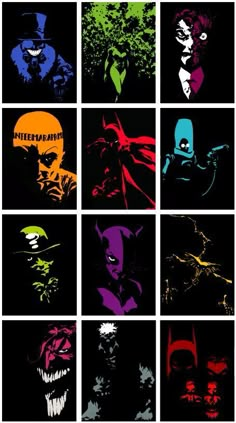 the many faces of comic characters in different colors