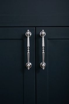 two metal handles on a black cabinet door