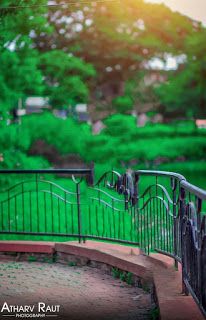 a woman is walking down the stairs in front of a green park with lots of trees