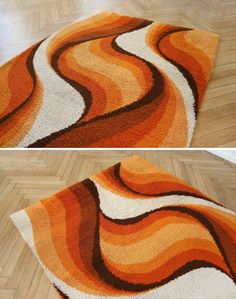 two pictures of the same area rugs in different colors and sizes, each with an interesting design