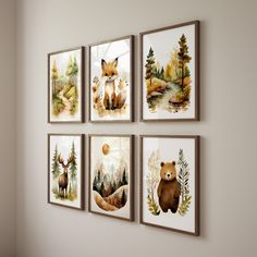 four framed pictures with animals hanging on the wall