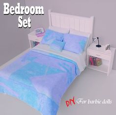 a bed room with a neatly made bed and night stands on the side tables next to it