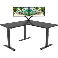 two computer monitors sitting on top of a black desk next to each other with palm trees in the background