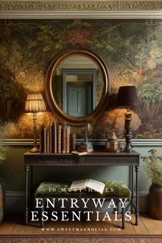 the entryway is decorated with wallpaper and an antique console table, surrounded by potted plants