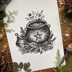 an ink drawing of a pot with a star on it and some leaves around it