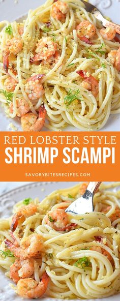 shrimp scampp pasta on a white plate with a fork in it and the words best and easy shrimp scampp pasta