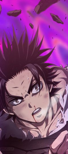 an anime character with black hair and purple eyes is in the air, surrounded by debris