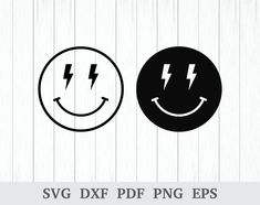 two black and white smiley faces with lightning bolts