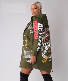 For Her NYC 81782 1 piece Hooded Jacket Colors: Black, Khaki Sizes: S, M, L, XL, 1X, 2X Diy Jacket, Gq Magazine, Fashion Illustration Sketches, Army Jacket, Creation Couture, Illustration Sketches, Sewing Clothes, Fall Season, Diy Fashion