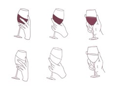 six different types of wine glasses with hands holding one glass and the other hand holding another