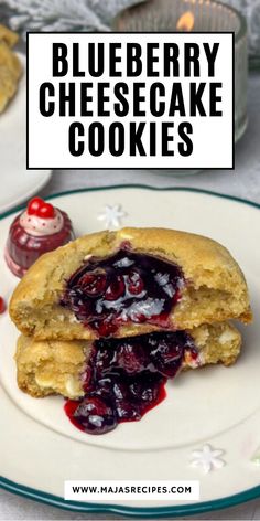 blueberry cheesecake cookies on a plate with the words, blueberry cheesecake cookies